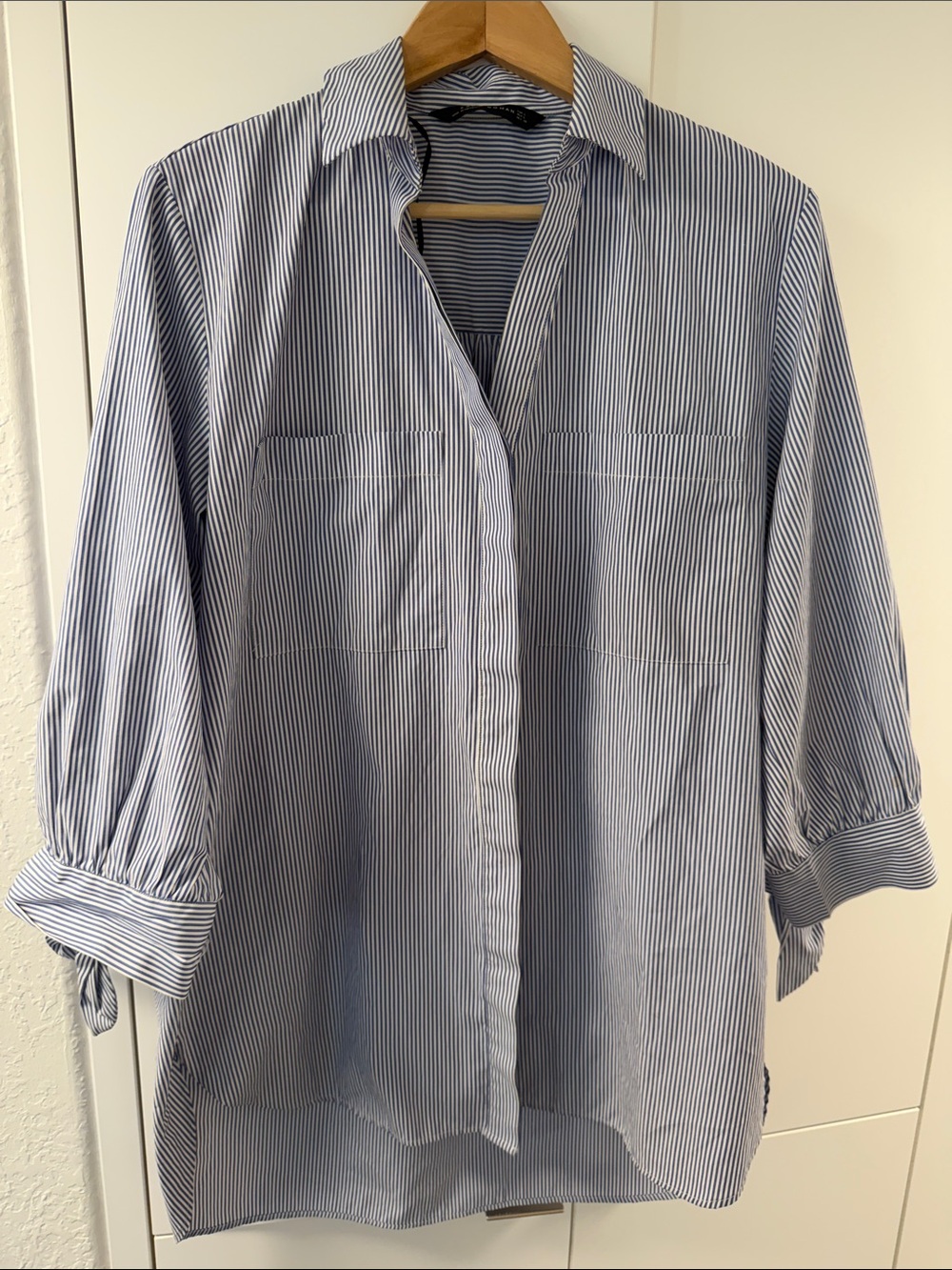Zara Blue and White Striped Casual Button-Down Shirt with bow details on sleeves